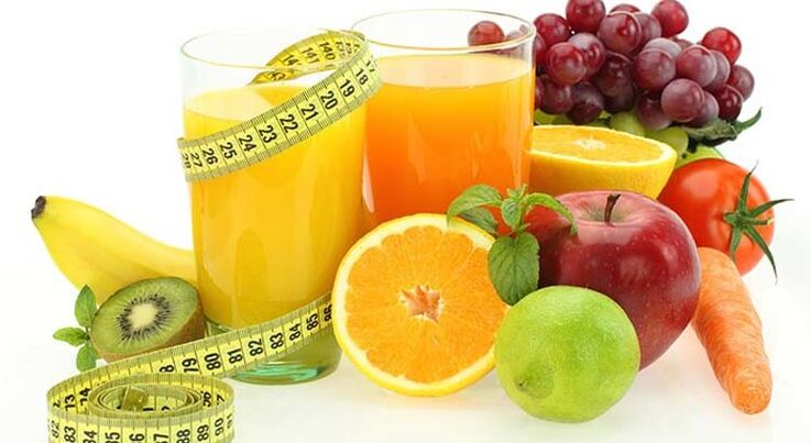 Buah-buahan, sayur-sayuran dan jus untuk penurunan berat badan pada diet Kegemaran. 